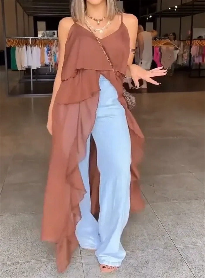 Dress for Women – V-Neck – Ruched Layers – Asymmetric Hem – Light and Airy Fit