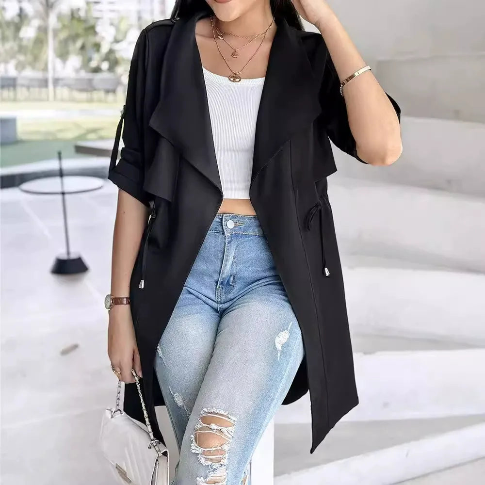 Women's Trench Coat – Relaxed Fit – Tie Belt at Waist – Rolled-up Sleeves – Mid-length