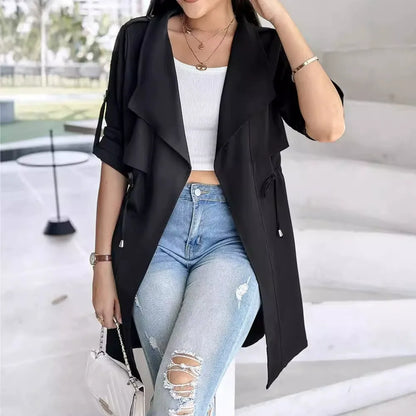 Women's Trench Coat – Relaxed Fit – Tie Belt at Waist – Rolled-up Sleeves – Mid-length