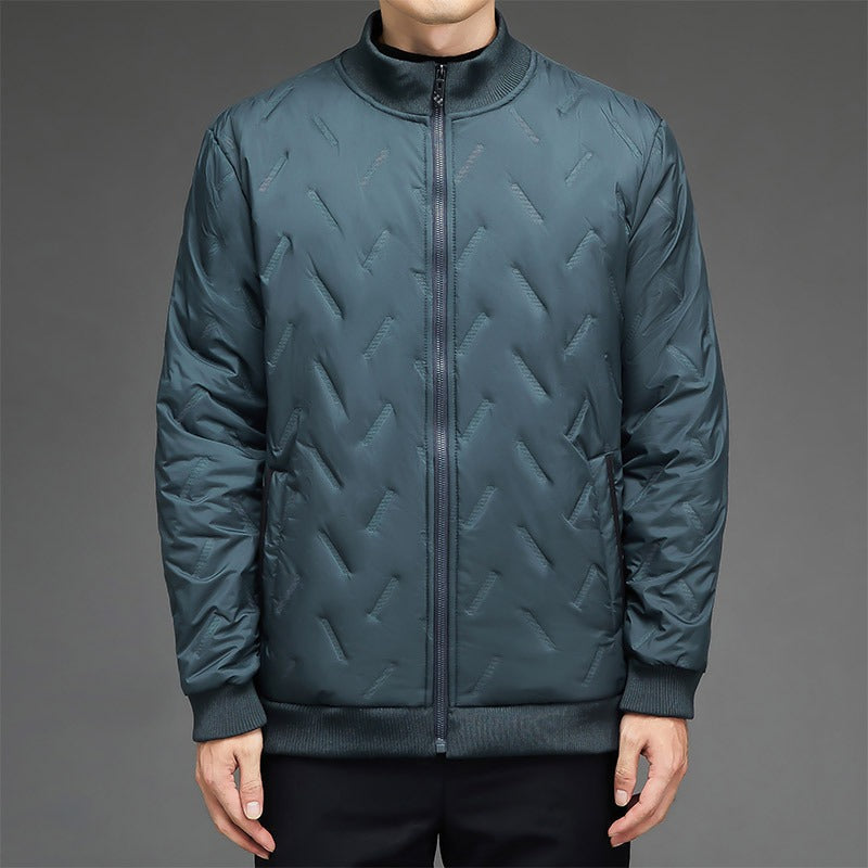 Men’s Jacket - Synthetic Fabric - Quilted Pattern - Stand Collar - Ribbed Cuffs