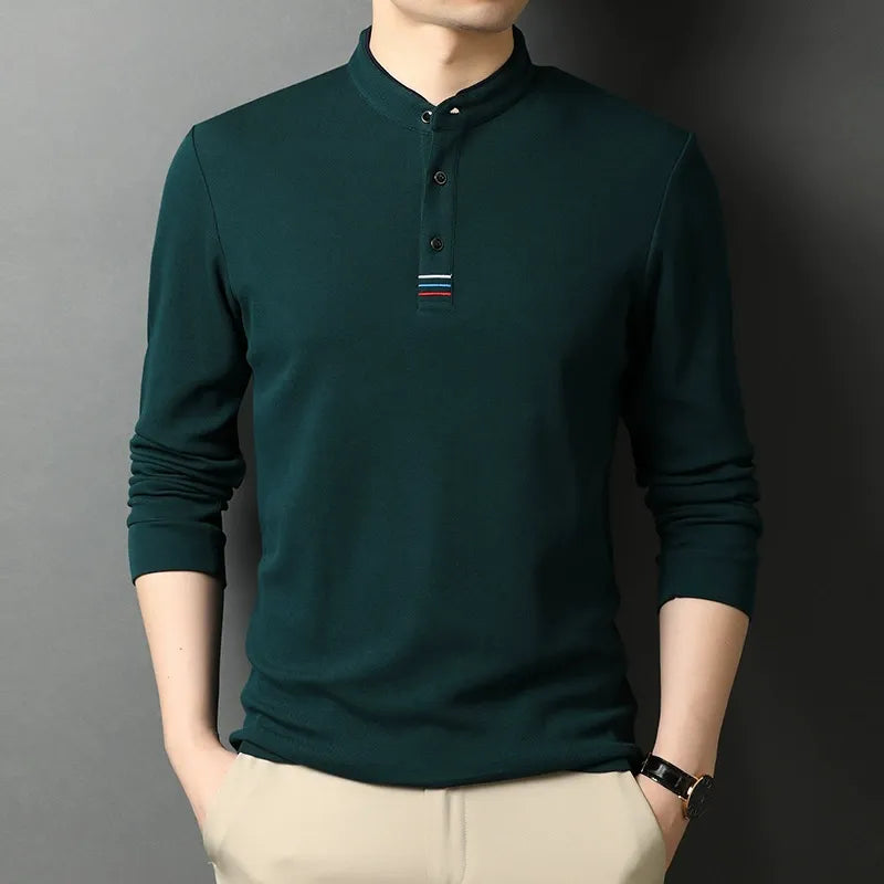Men's Long-Sleeve T-Shirt – Regular Fit – Soft and Breathable – Stand Collar with Buttons