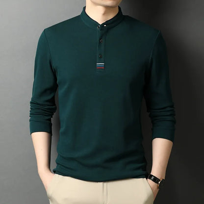 Men's Long-Sleeve T-Shirt – Regular Fit – Soft and Breathable – Stand Collar with Buttons