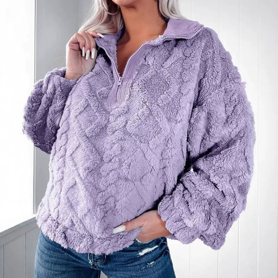 Women's Pullover Sweater – Soft Faux Fur – Relaxed Fit – Quilted – Half Zip