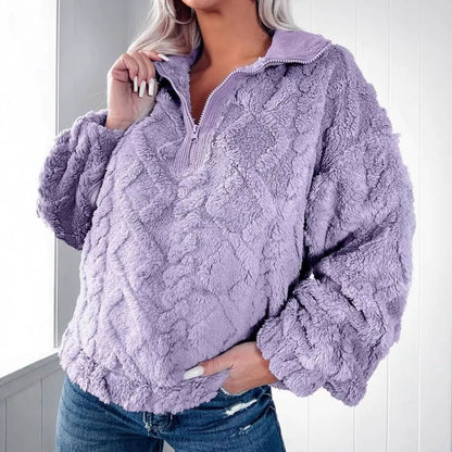 Women's Pullover Sweater – Soft Faux Fur – Relaxed Fit – Quilted – Half Zip