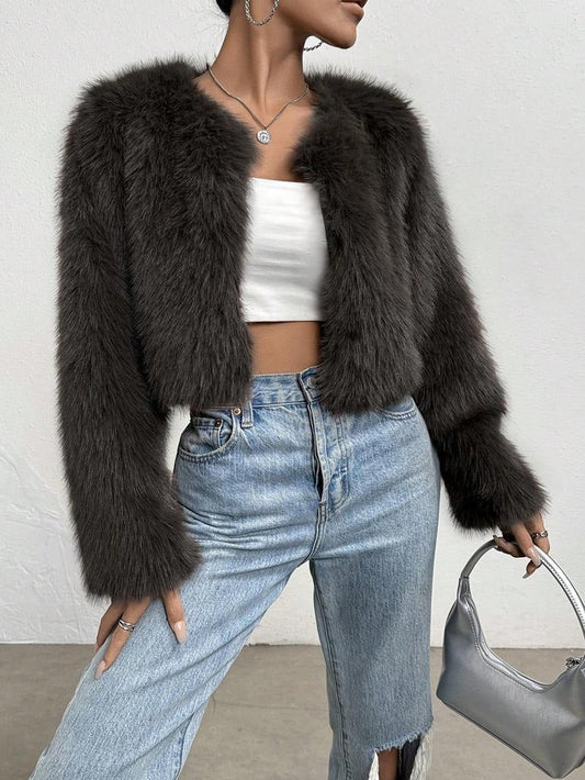 Women’s Coat - Faux Fur - Cropped Length - Open Front - Collarless - Long Sleeve