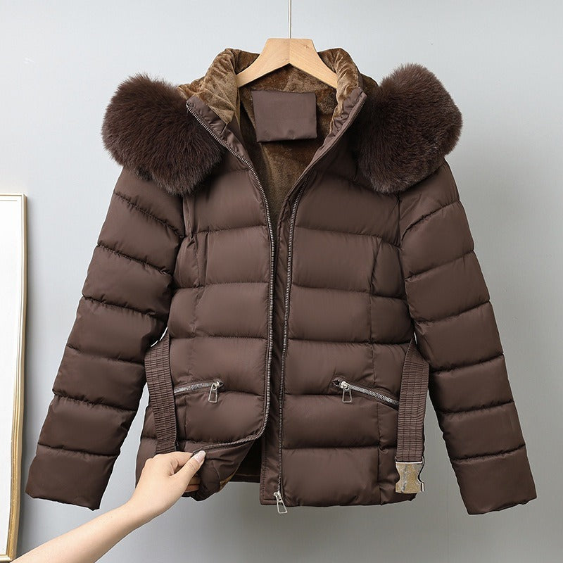 Women’s Puffer Coat - Quilted Fabric - Hip Length - Belted Waist - Removable Fur Hood