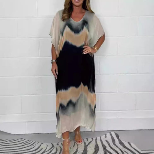 Dress for Women – Maxi Length – Airy Fit – V-Neck – Short Sleeves – Ombre Design