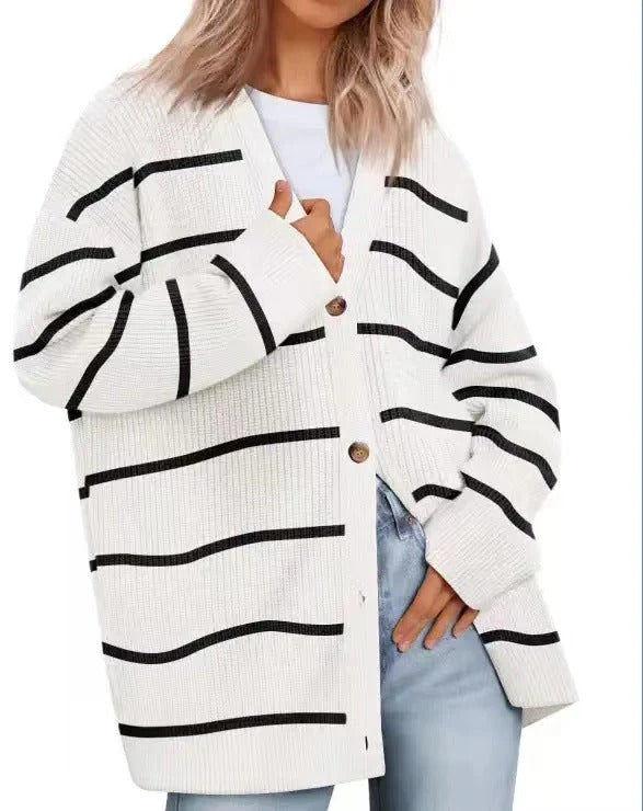 Women's Cardigan – Oversized Fit – Knitted Rib Structure – Button Closure V-neck