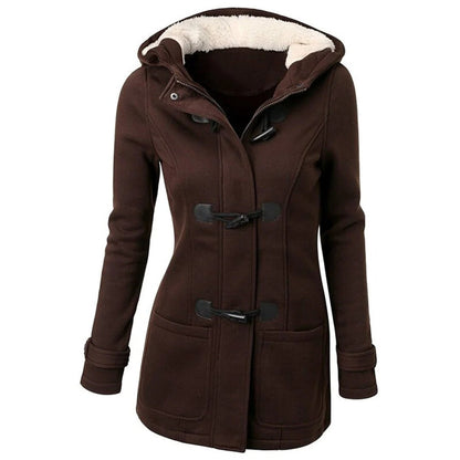 Women's Long Coat – Tailored Fit – Lined Hood – Button Closure and Pockets