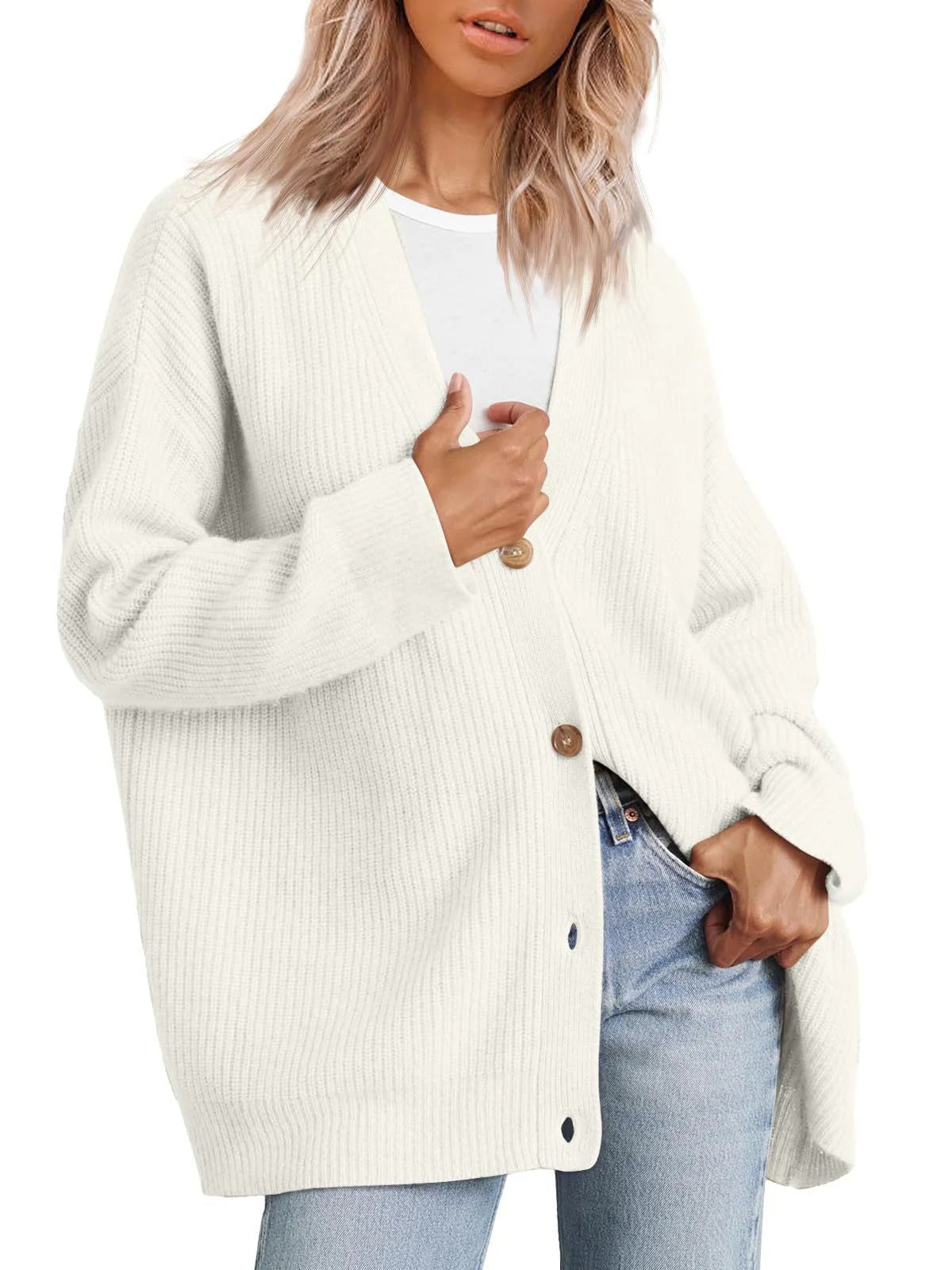 Women's Cardigan – Oversized Fit – Knitted Rib Structure – Button Closure V-neck