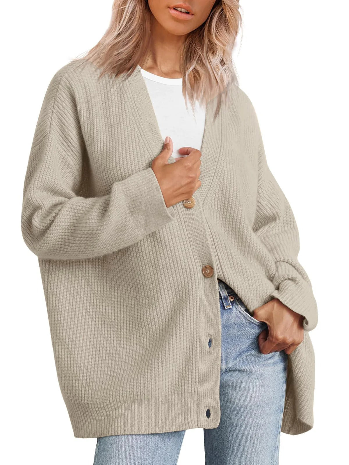 Women's Cardigan – Oversized Fit – Knitted Rib Structure – Button Closure V-neck