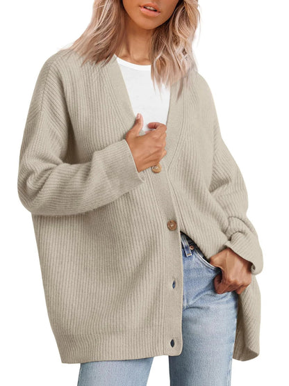 Women's Cardigan – Oversized Fit – Knitted Rib Structure – Button Closure V-neck
