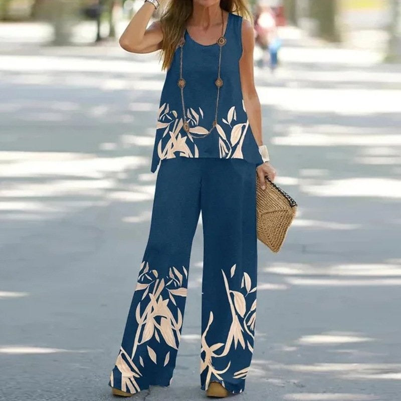 Women's Two-Piece Set – Sleeveless Top with Floral Print – Wide-Leg Pants – Relaxed Fit