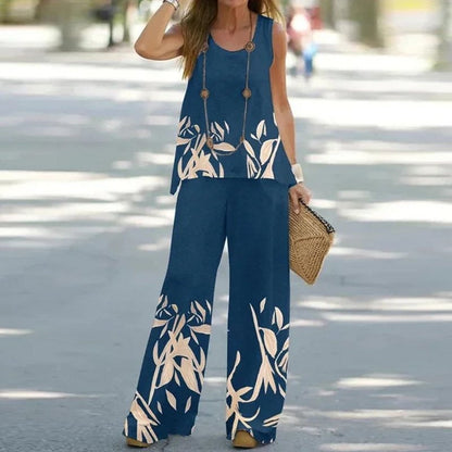 Women's Two-Piece Set – Sleeveless Top with Floral Print – Wide-Leg Pants – Relaxed Fit