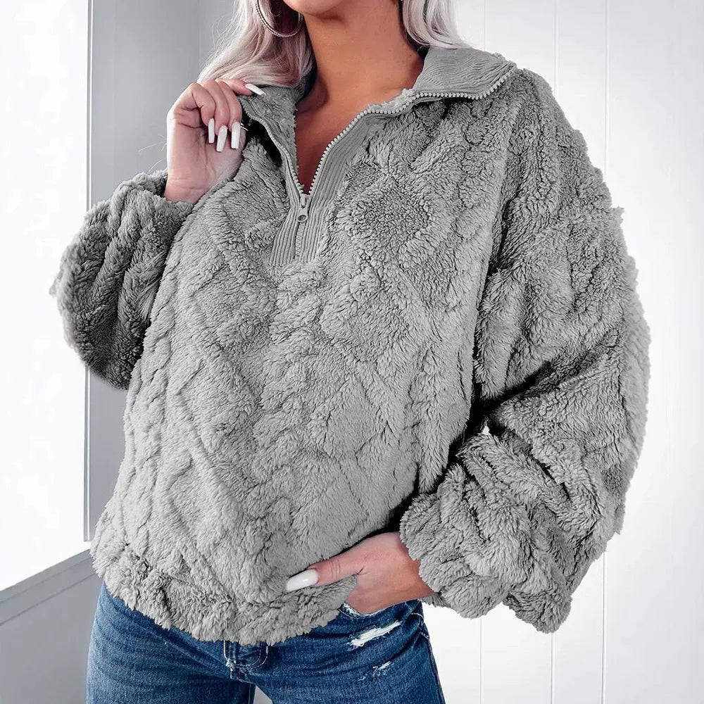 Women's Pullover Sweater – Soft Faux Fur – Relaxed Fit – Quilted – Half Zip