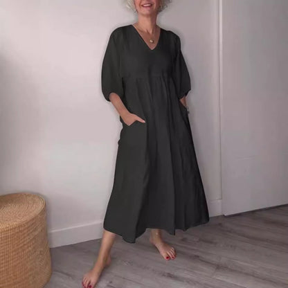 Dress for Women – Midi – Relaxed Fit – Lightweight and Breathable – V-Neck – Pockets