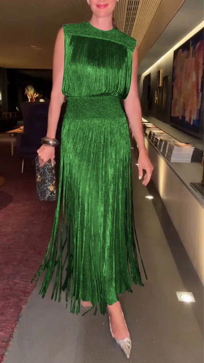 Dress for Women – Sleeveless – Elegant Fit – Midi Length – Fringe Hem – Silky Soft