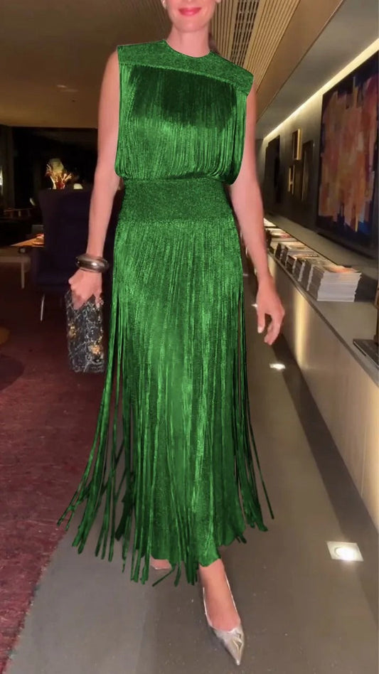 Dress for Women – Sleeveless – Elegant Fit – Midi Length – Fringe Hem – Silky Soft