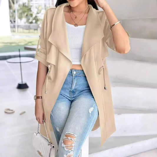 Women's Trench Coat – Relaxed Fit – Tie Belt at Waist – Rolled-up Sleeves – Mid-length