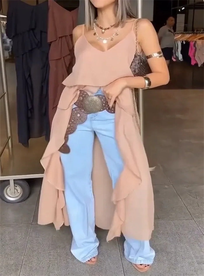 Dress for Women – V-Neck – Ruched Layers – Asymmetric Hem – Light and Airy Fit