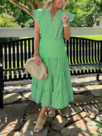 Dress for Women – Midi – Loose Fit – V-Neck – Striped Pattern – Flutter Sleeves