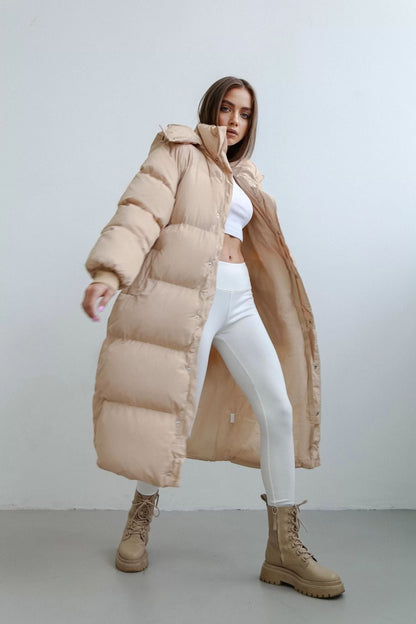 Women’s Puffer Coat - Quilted Insulated - Longline Oversized - High Collar Hood