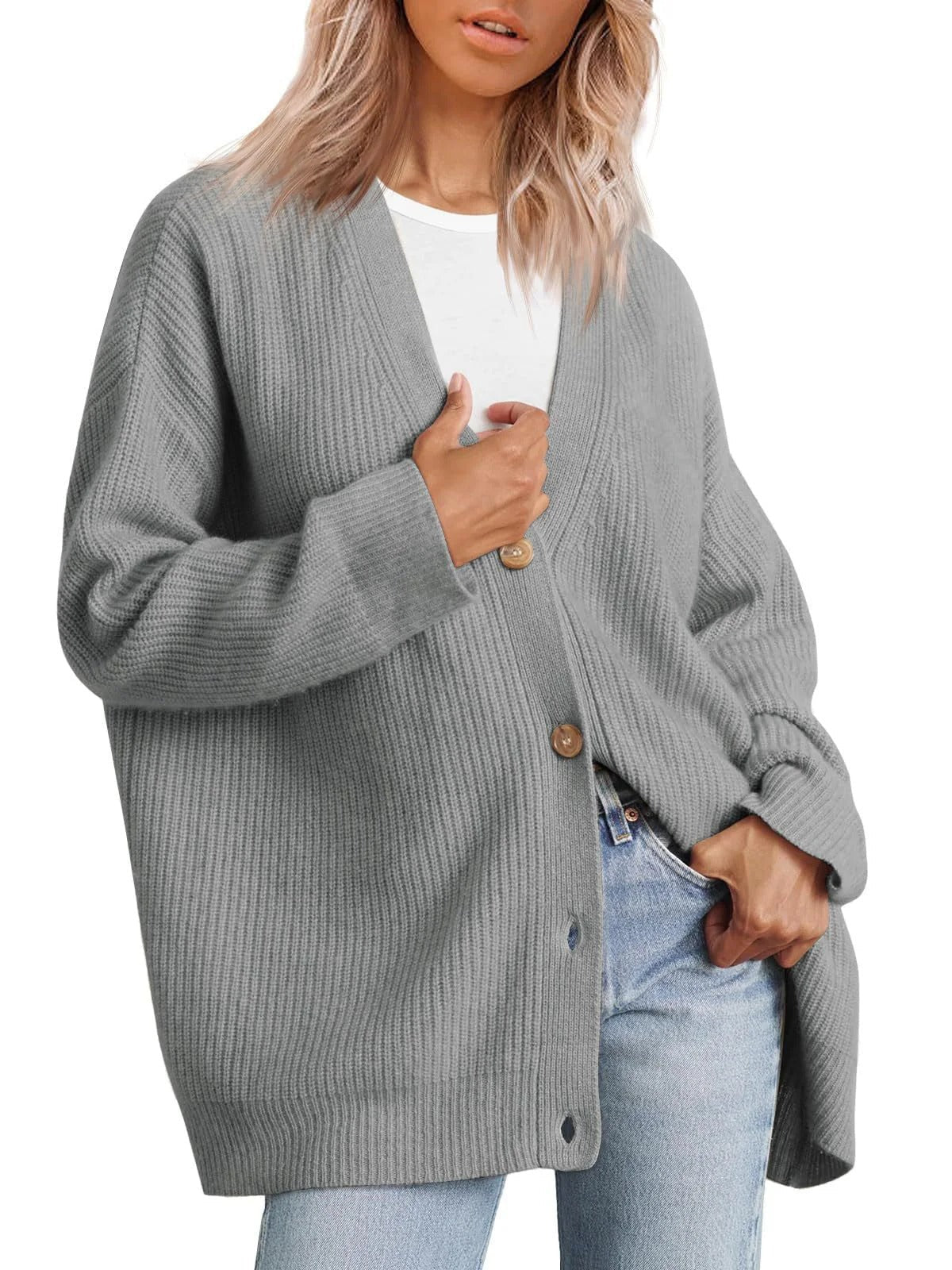 Women's Cardigan – Oversized Fit – Knitted Rib Structure – Button Closure V-neck
