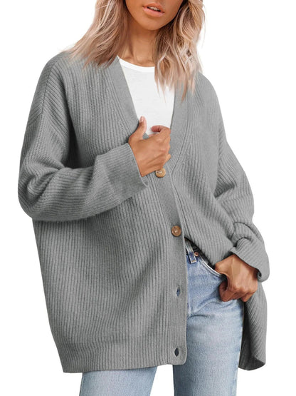 Women's Cardigan – Oversized Fit – Knitted Rib Structure – Button Closure V-neck