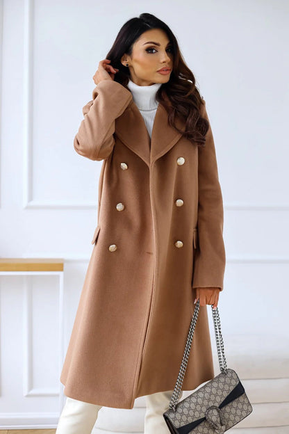 Women's Long Coat – Tailored Fit – Wool Feel – Double Breasted – Classic Lapel