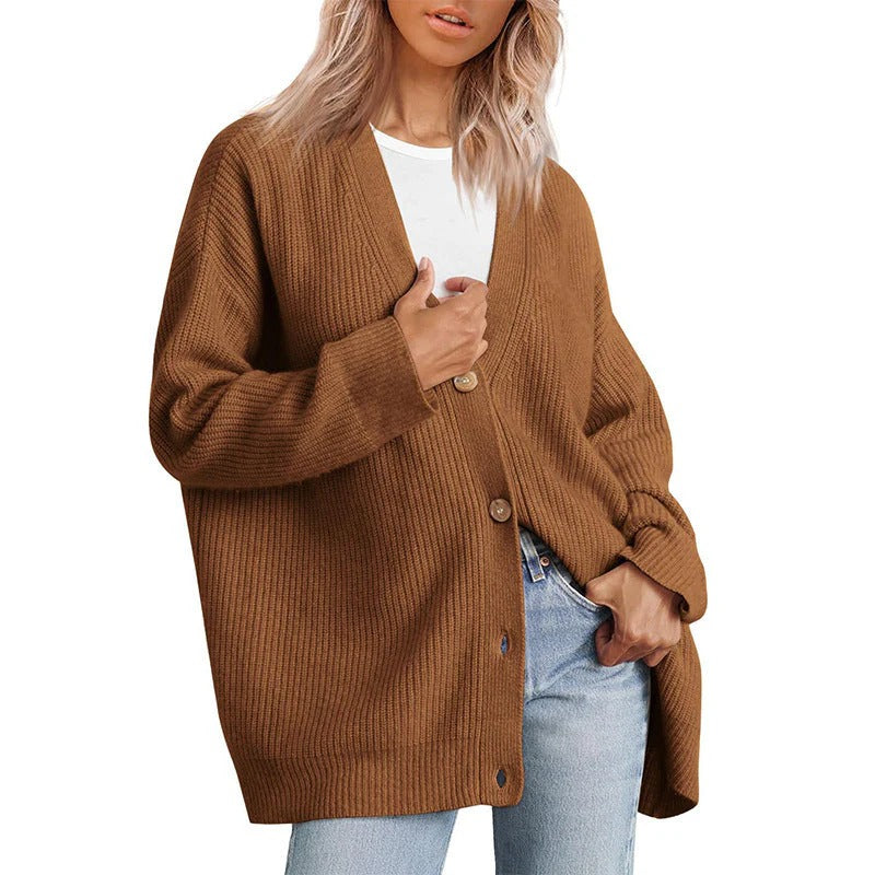 Women's Cardigan – Oversized Fit – Knitted Rib Structure – Button Closure V-neck
