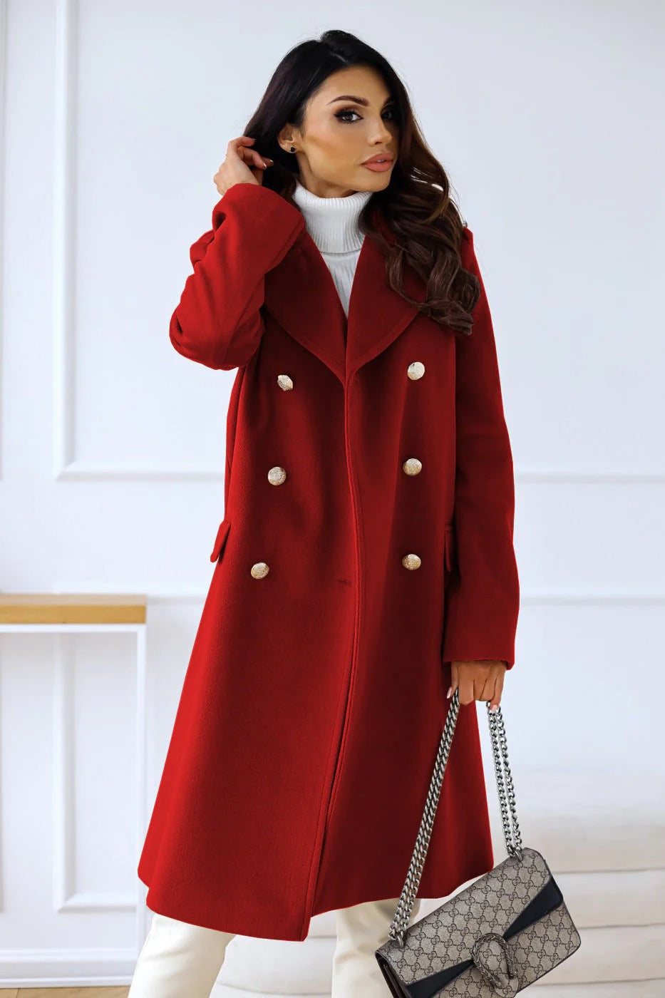Women's Long Coat – Tailored Fit – Wool Feel – Double Breasted – Classic Lapel