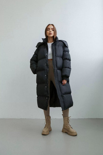 Women’s Puffer Coat - Quilted Insulated - Longline Oversized - High Collar Hood