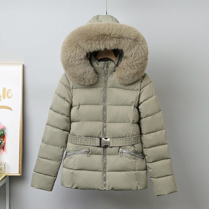 Women’s Puffer Coat - Quilted Fabric - Hip Length - Belted Waist - Removable Fur Hood