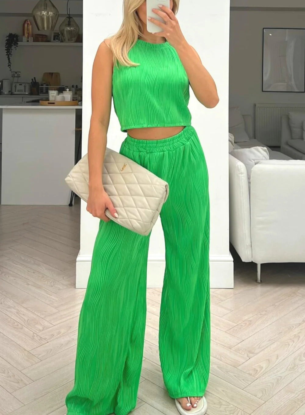 Women's Set – Ribbed Two-Piece – Sleeveless Crop Top – High-Waisted Wide Pants