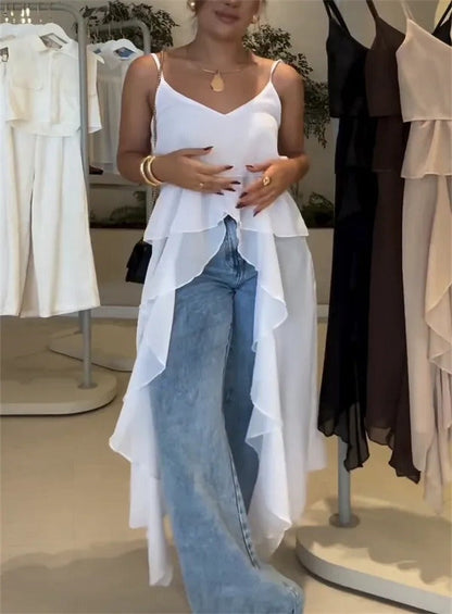 Dress for Women – V-Neck – Ruched Layers – Asymmetric Hem – Light and Airy Fit