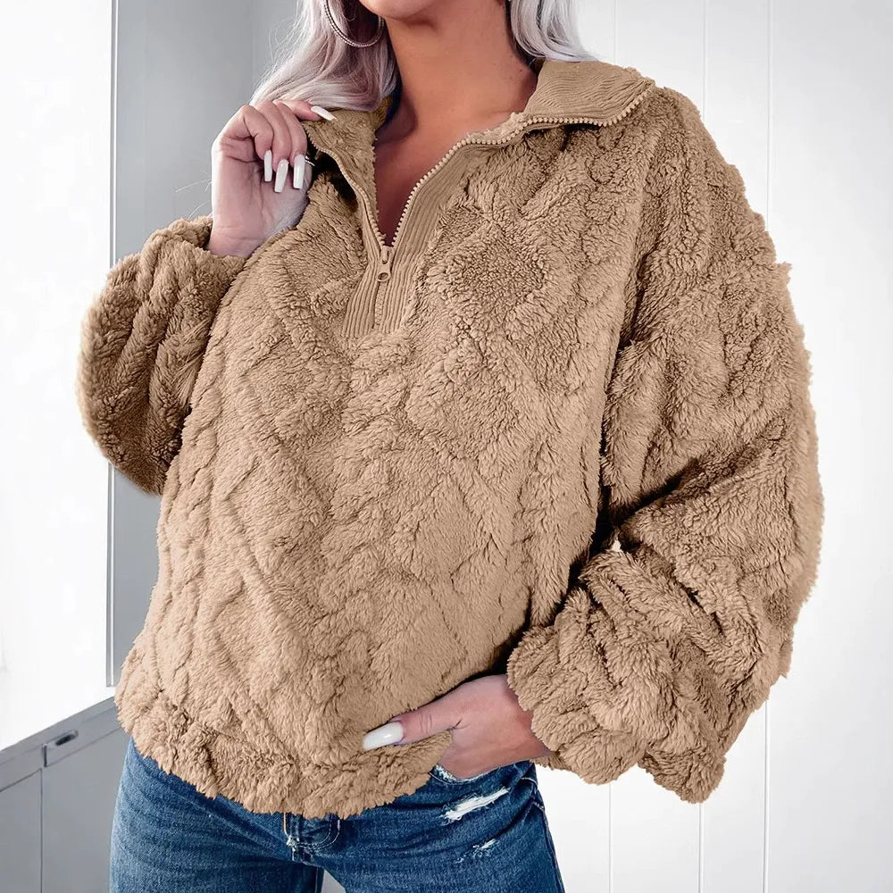 Women's Pullover Sweater – Soft Faux Fur – Relaxed Fit – Quilted – Half Zip