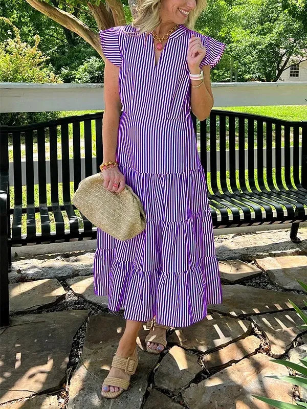 Dress for Women – Midi – Loose Fit – V-Neck – Striped Pattern – Flutter Sleeves