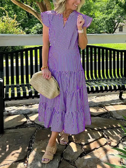 Dress for Women – Midi – Loose Fit – V-Neck – Striped Pattern – Flutter Sleeves