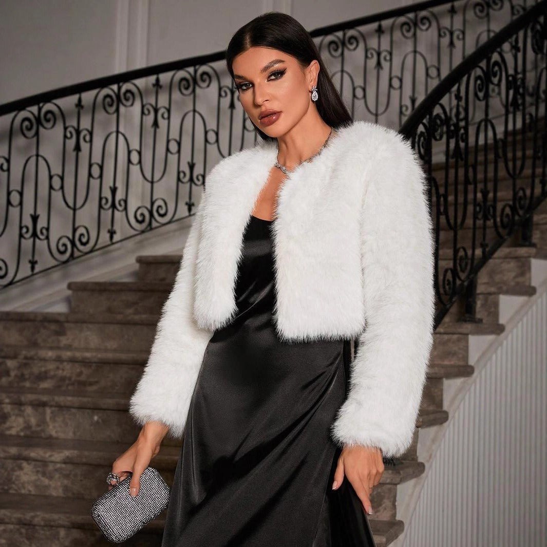 Women’s Coat - Faux Fur - Cropped Length - Open Front - Collarless - Long Sleeve
