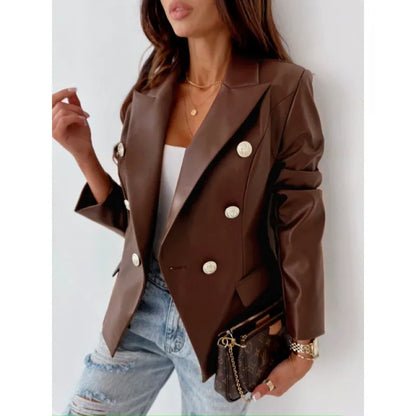 Women's Blazer – Double-Breasted – Tailored Fit – Faux Leather – Puff Shoulders