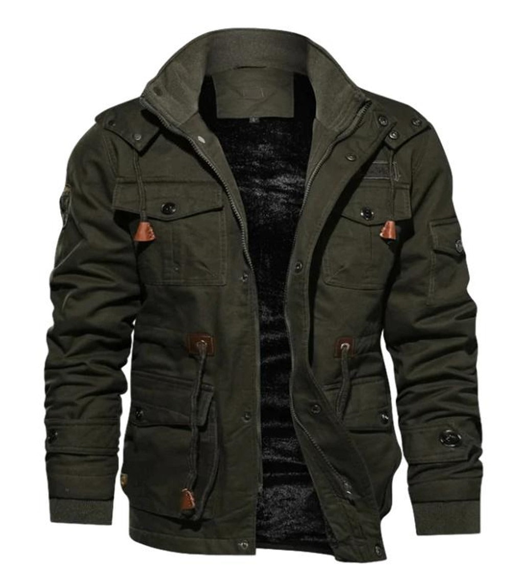 Men's Coat – Regular Fit – Fleece Lining – High Collar – Zipper and Button Closure – Many Pockets