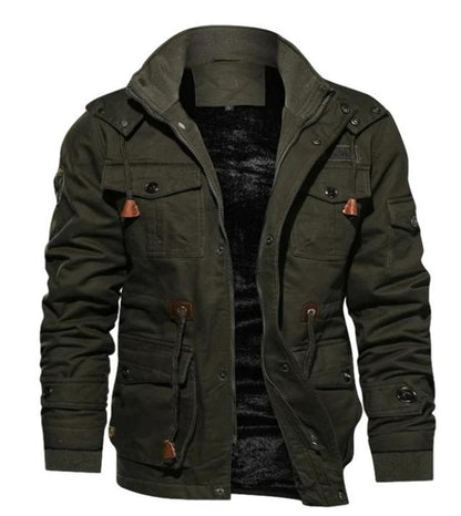Men's Coat – Regular Fit – Fleece Lining – High Collar – Zipper and Button Closure – Many Pockets