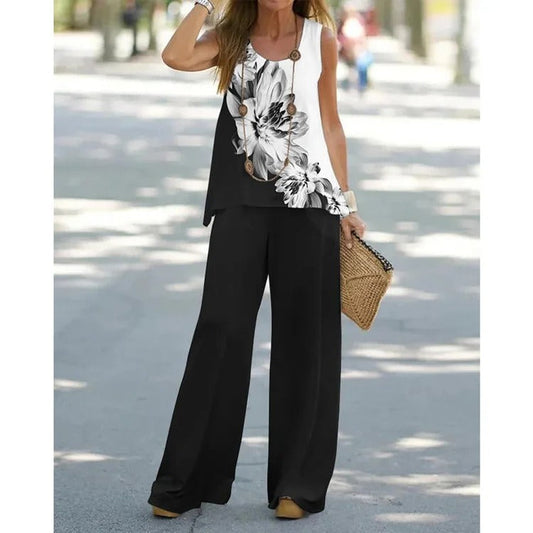 Women's Two-Piece Set – Sleeveless Top with Floral Print – Wide-Leg Pants – Relaxed Fit