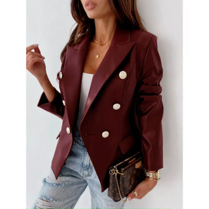 Women's Blazer – Double-Breasted – Tailored Fit – Faux Leather – Puff Shoulders