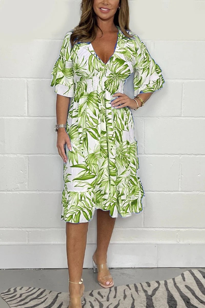 Dress for Women – Midi Length – Loose Fit – High Waist – V-Neck – Floral Pattern – Ruffle Sleeves