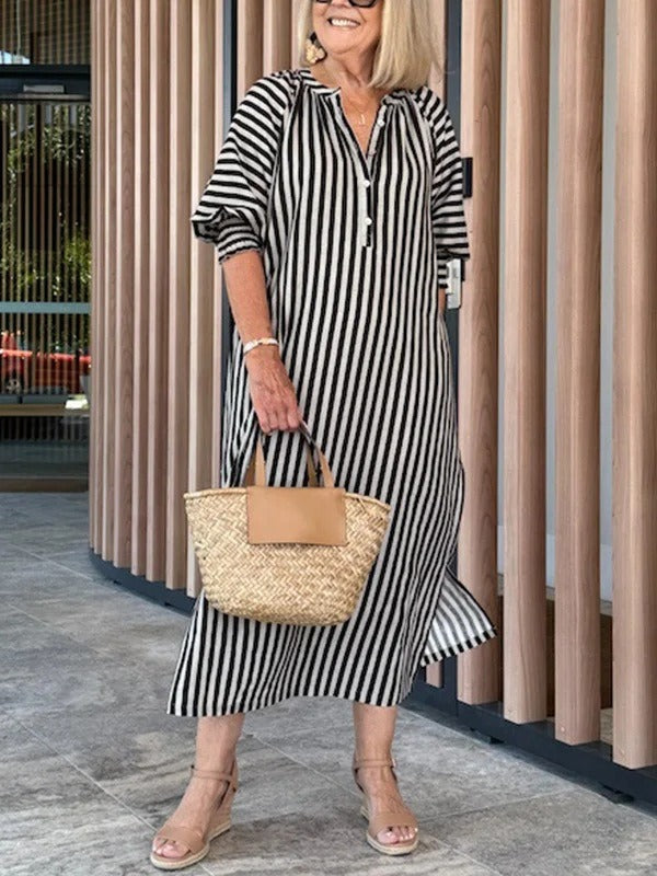 Dress for Women – Midi – Loose Fit – V-Neck – Striped – Lightweight Cotton