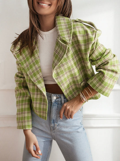 Women's Blazer – Tailored Fit – Wool Texture – Cropped – Checkered – Classic Lapel
