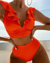 Women's Bikini Set – V-neck Top with Ruffles – High-waisted Bottom – Stretchable Comfort Fit