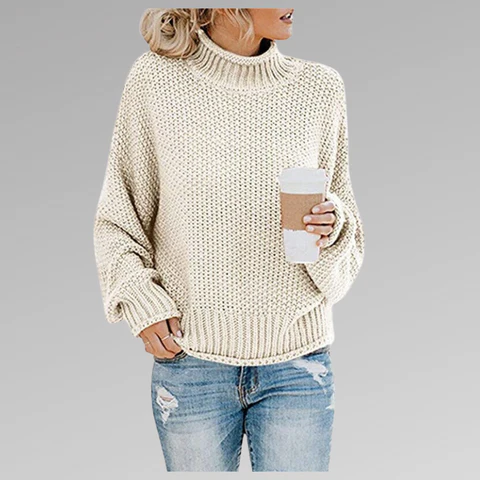 Women's Knit Sweater – Oversize Fit – Chunky Knit – High Neck – Dropped Shoulder