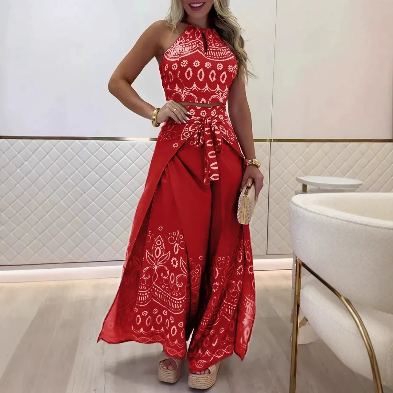 Women's Set – Halterneck Crop Top and Wide Pants – Retro Print – High Waist – Tie String